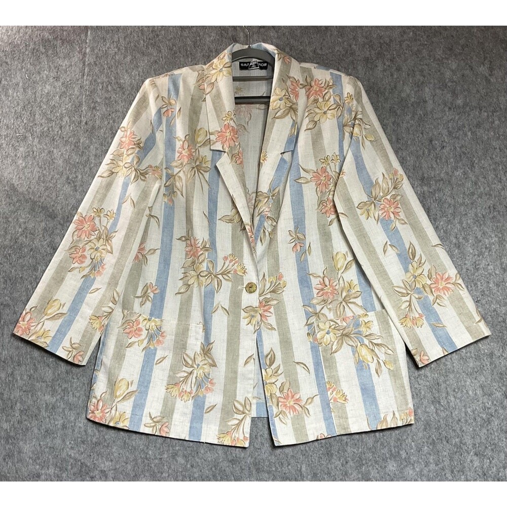 Vintage Blazer Women Large Multicolor Floral Stripe Linen Blend Boho Jacket Reto